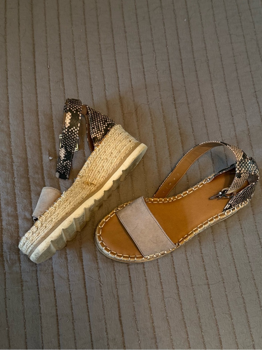 Taupe Suede Espadrille Platform Sandals with Snake-Print Ankle Strap